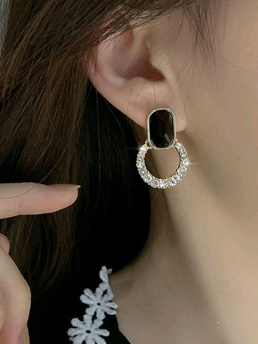 Elegant Black Crystal Hoop Drop Earrings - Gold Tone